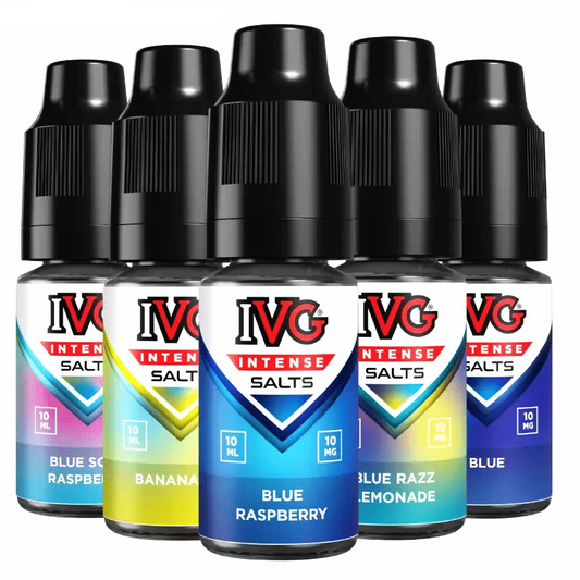Five IVG Intense Salts e-liquid bottles arranged in a row on a white background, with the IVG logo and 'INTENSE FLAVOUR IN EVERY DROP' text above them. The bottles have black caps and colorful labels in blue, yellow, pink, and green, representing flavors including Blue Raspberry, Banana, and Blue Razz Lemonade.