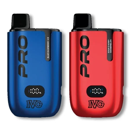 Two IVG Pro vape devices, one blue and one red, on a white background.