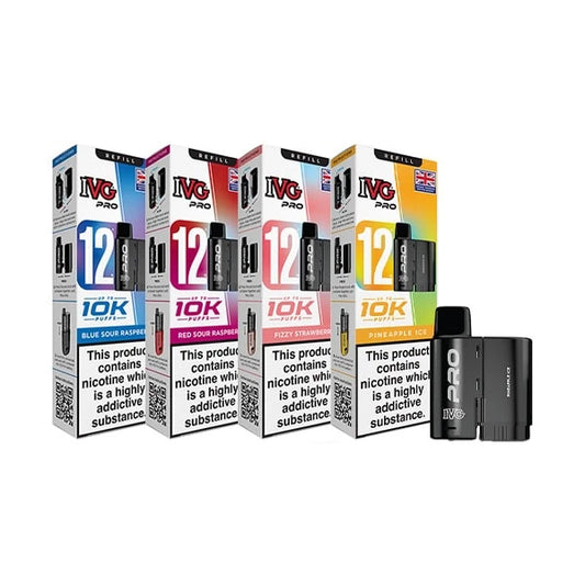 Four IVG Pro 10K disposable vape devices in different flavors (Blue Rose, Red Rose, Strawberry, and Grape Ice) are shown with their retail packaging boxes on a plain white background.