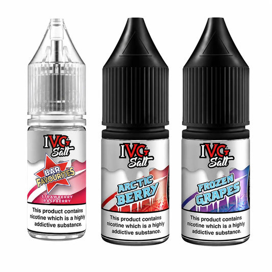 Group image of three IVG Salt 10ml e-liquid bottles including Strawberry Raspberry, Arctic Berry, and Frozen Grapes on a plain white background