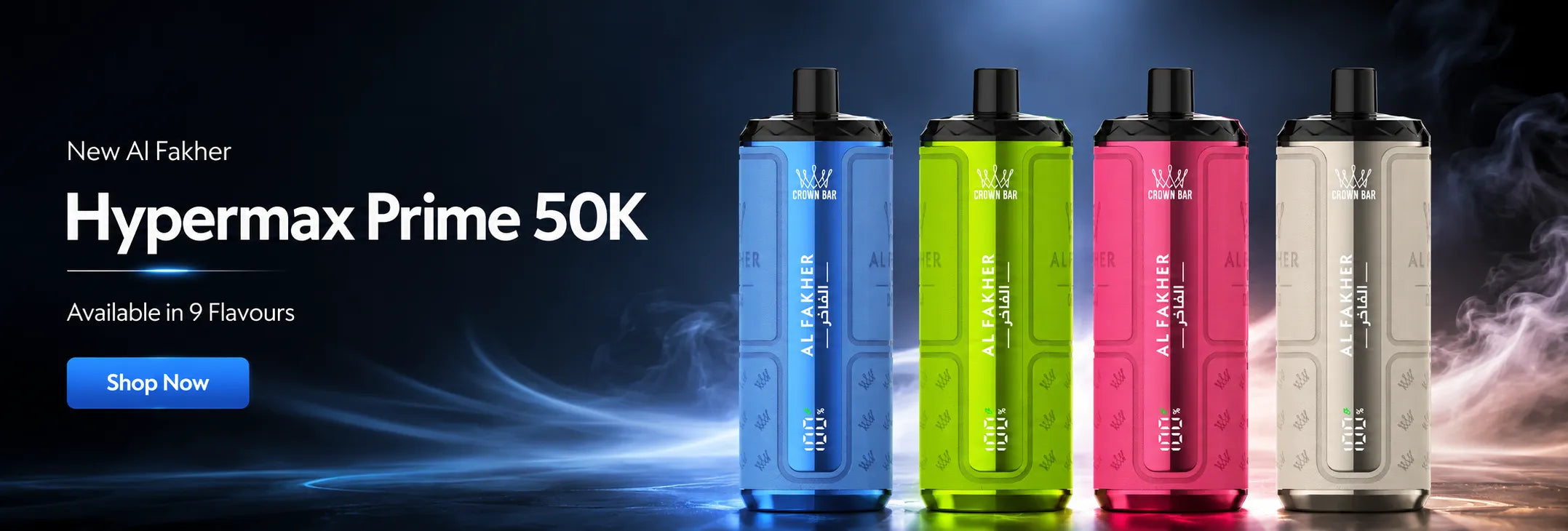 New Al Fakher Hypermax Prime 50K vape banner showing four devices and shop now call to action