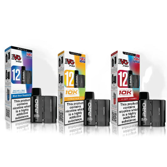 Three IVG Pro 12 disposable vape devices in black and blue are displayed in front of their colorful retail packaging boxes on a reflective white surface.