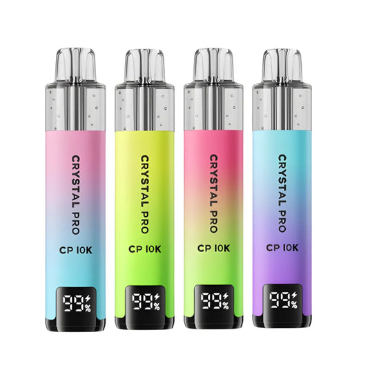 Four Crystal Pro vape devices in different colors with visible branding.